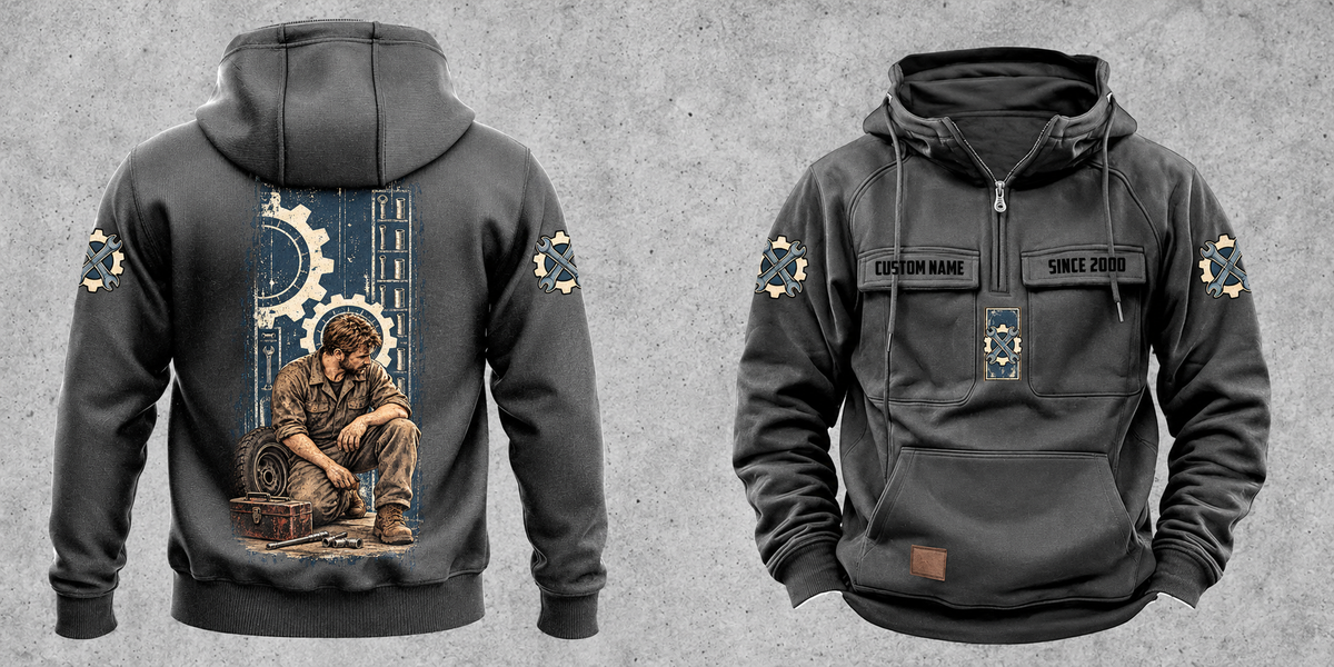 Mechanic Daily Commitment Portrait Vintage Hoodie in Dark Gray, separated full front and back views with CUSTOM NAME and SINCE 2000 chest samples, gear-and-wrench sleeve motifs and a tall kneeling mechanic illustration.