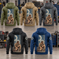 Five complete back views of the Mechanic Daily Commitment Portrait Vintage Hoodie in Military Green, Kaki, Dark Gray, Black and Dark Blue, arranged in a quiet vehicle workshop with matching tall mechanic portraits and gear-and-wrench sleeve motifs.