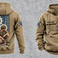 Mechanic Daily Commitment Portrait Vintage Hoodie in Kaki, separated full front and back views with CUSTOM NAME and SINCE 2000 chest samples, gear-and-wrench sleeve motifs and a tall kneeling mechanic illustration.