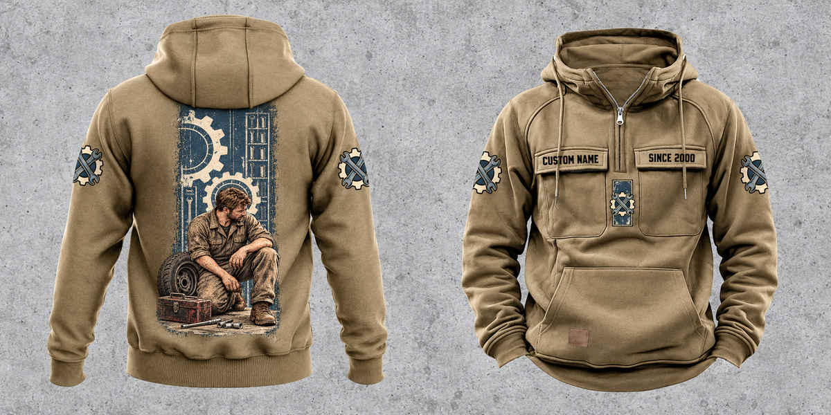 Mechanic Daily Commitment Portrait Vintage Hoodie in Kaki, separated full front and back views with CUSTOM NAME and SINCE 2000 chest samples, gear-and-wrench sleeve motifs and a tall kneeling mechanic illustration.