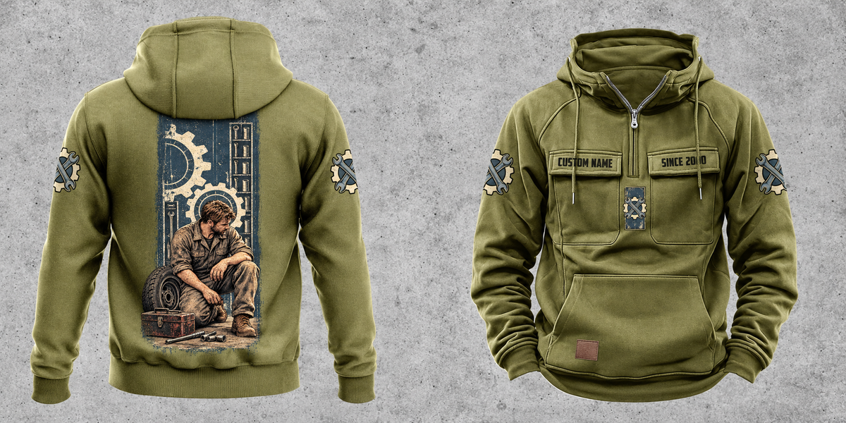Mechanic Daily Commitment Portrait Vintage Hoodie in Military Green, separated full front and back views with CUSTOM NAME and SINCE 2000 chest samples, gear-and-wrench sleeve motifs and a tall kneeling mechanic illustration.