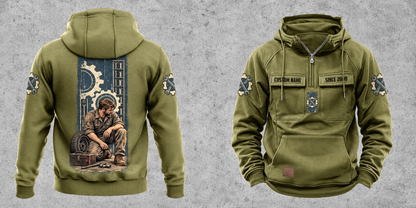 Mechanic Daily Commitment Portrait Vintage Hoodie in Military Green, separated full front and back views with CUSTOM NAME and SINCE 2000 chest samples, gear-and-wrench sleeve motifs and a tall kneeling mechanic illustration.