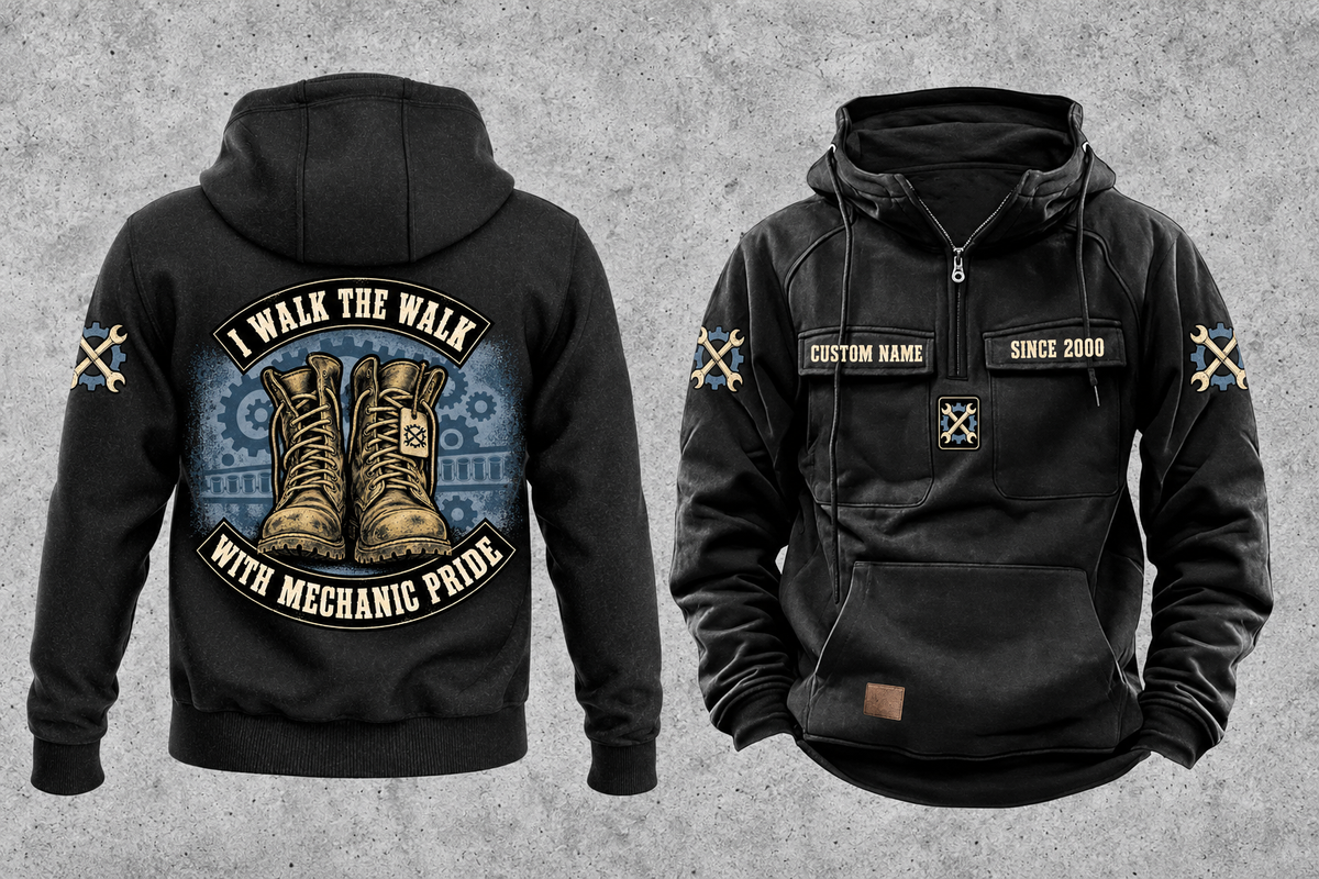 Mechanic Walk the Walk Badge Vintage Hoodie in Black, separated front and back views with CUSTOM NAME and SINCE 2000 sample chest text, crossed-wrench gear motifs and arched boots artwork.