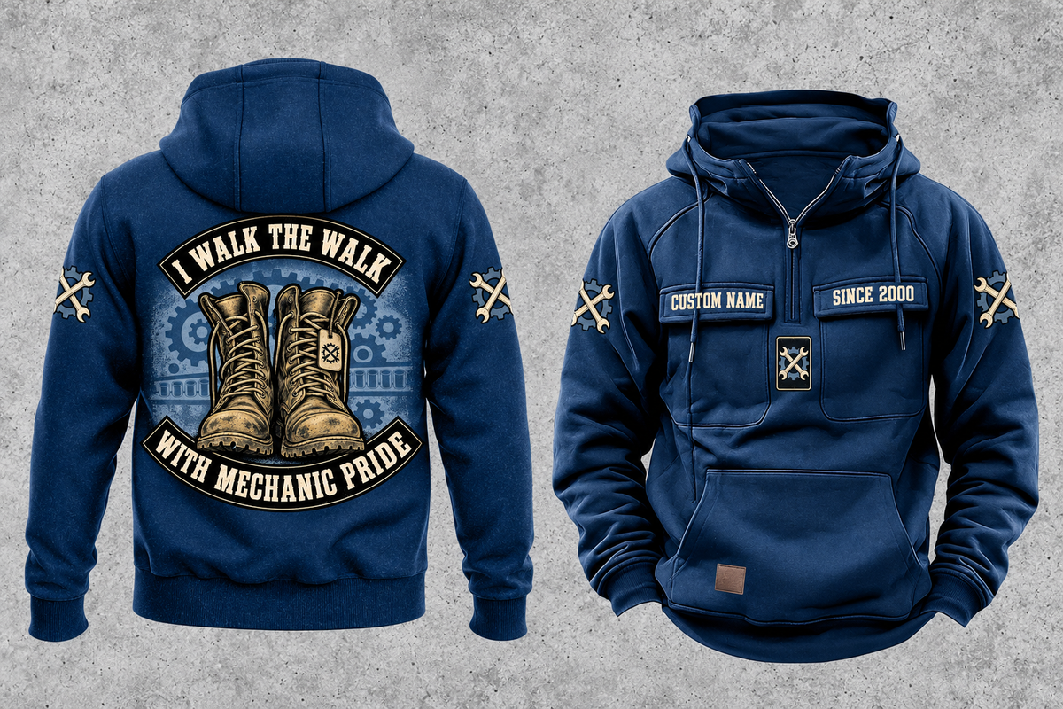 Mechanic Walk the Walk Badge Vintage Hoodie in Dark Blue, separated front and back views with CUSTOM NAME and SINCE 2000 sample chest text, crossed-wrench gear motifs and arched boots artwork.