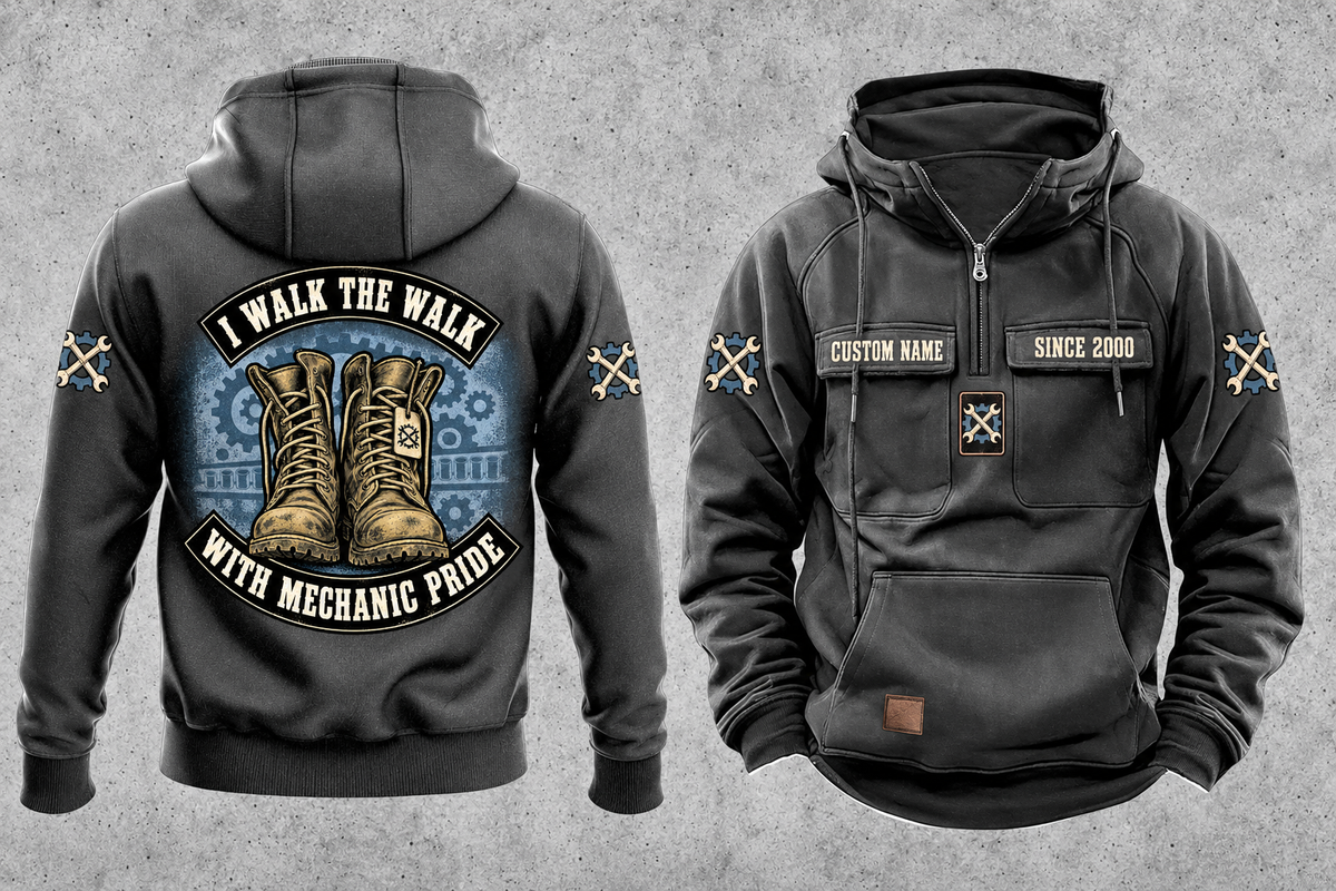 Mechanic Walk the Walk Badge Vintage Hoodie in Dark Gray, separated front and back views with CUSTOM NAME and SINCE 2000 sample chest text, crossed-wrench gear motifs and arched boots artwork.