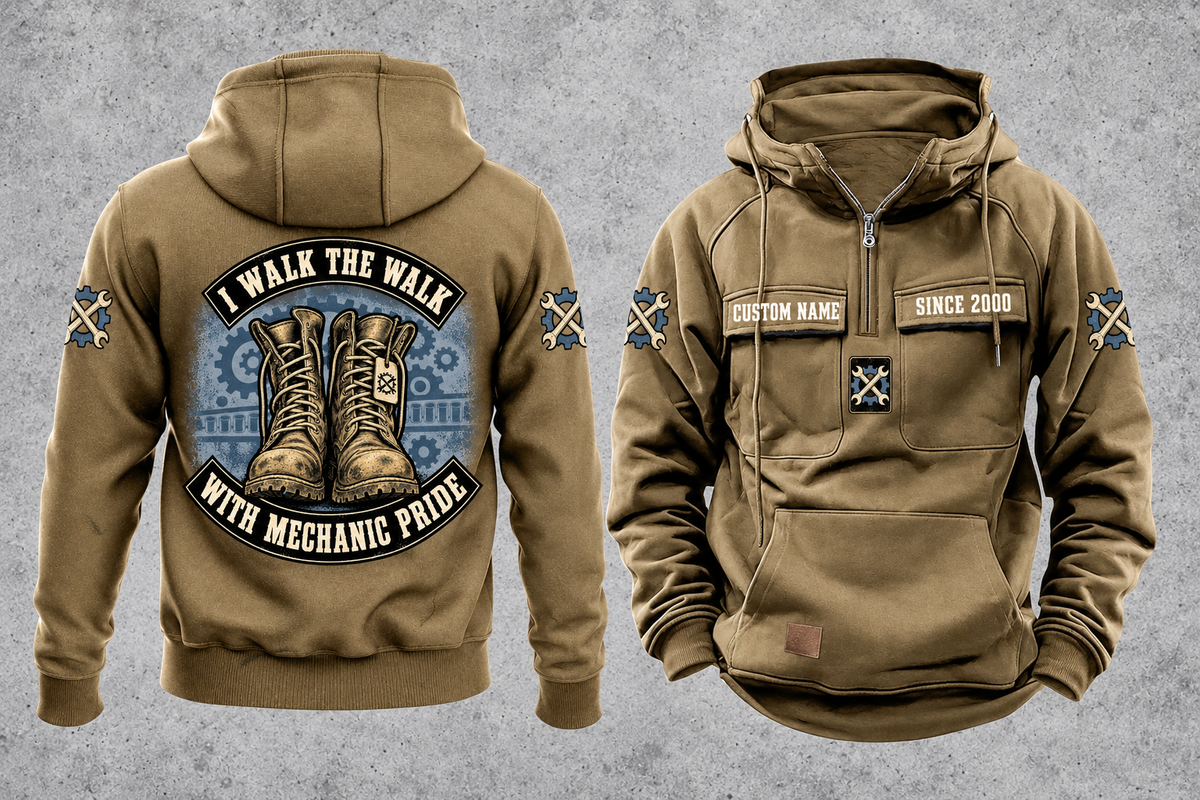 Mechanic Walk the Walk Badge Vintage Hoodie in Kaki, separated front and back views with CUSTOM NAME and SINCE 2000 sample chest text, crossed-wrench gear motifs and arched boots artwork.