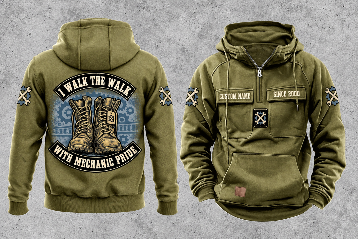 Mechanic Walk the Walk Badge Vintage Hoodie in Military Green, separated front and back views with CUSTOM NAME and SINCE 2000 sample chest text, crossed-wrench gear motifs and arched boots artwork.