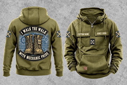 Mechanic Walk the Walk Badge Vintage Hoodie in Military Green, separated front and back views with CUSTOM NAME and SINCE 2000 sample chest text, crossed-wrench gear motifs and arched boots artwork.