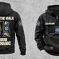 Mechanic Proud Walk Vintage Hoodie in Black, fully separated front and back views with boots and wrench-and-gear artwork, sample text CUSTOM NAME and SINCE 2000, and I WALK THE WALK / PROUD / MECHANIC on the back.