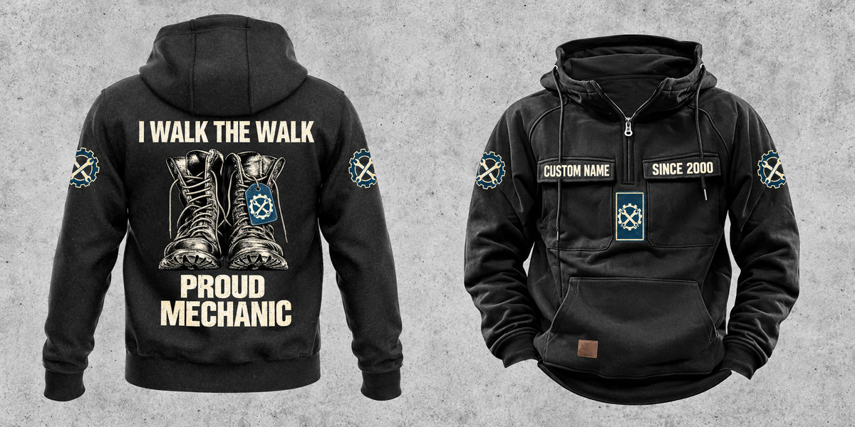 Mechanic Proud Walk Vintage Hoodie in Black, fully separated front and back views with boots and wrench-and-gear artwork, sample text CUSTOM NAME and SINCE 2000, and I WALK THE WALK / PROUD / MECHANIC on the back.