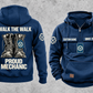 Mechanic Proud Walk Vintage Hoodie in Dark Blue, fully separated front and back views with boots and wrench-and-gear artwork, sample text CUSTOM NAME and SINCE 2000, and I WALK THE WALK / PROUD / MECHANIC on the back.
