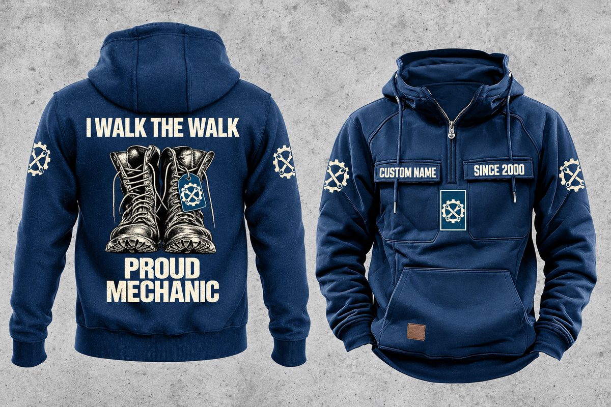 Mechanic Proud Walk Vintage Hoodie in Dark Blue, fully separated front and back views with boots and wrench-and-gear artwork, sample text CUSTOM NAME and SINCE 2000, and I WALK THE WALK / PROUD / MECHANIC on the back.