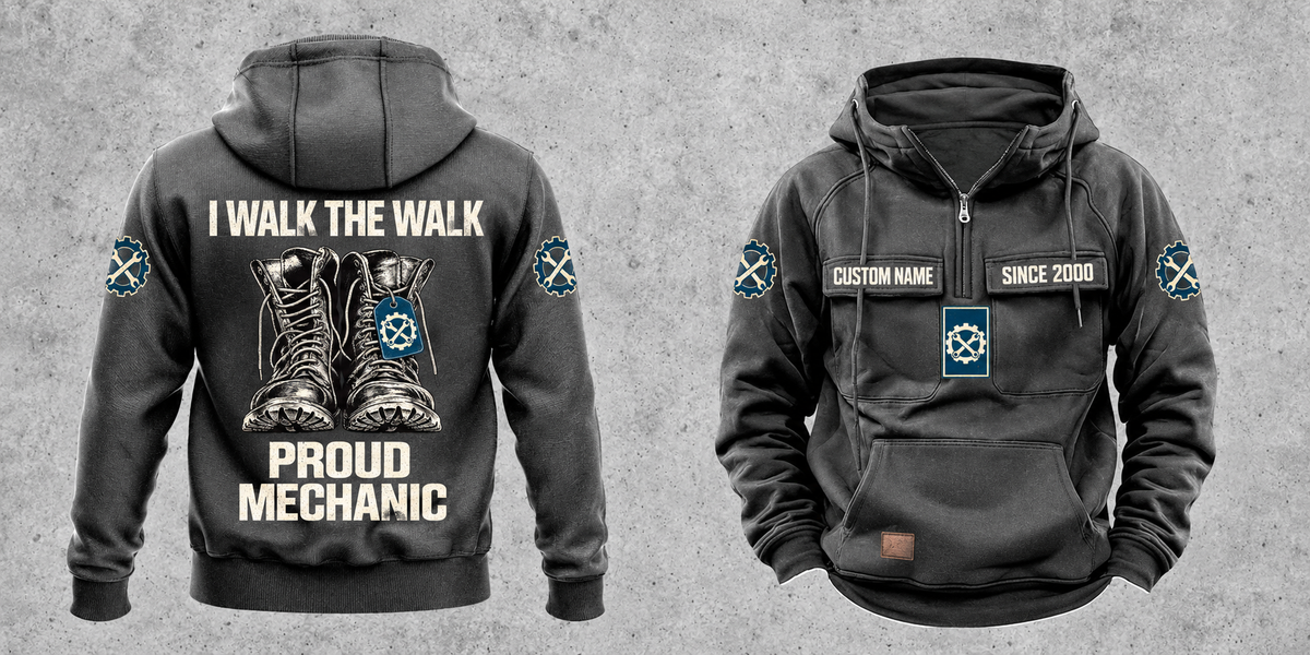 Mechanic Proud Walk Vintage Hoodie in Dark Gray, fully separated front and back views with boots and wrench-and-gear artwork, sample text CUSTOM NAME and SINCE 2000, and I WALK THE WALK / PROUD / MECHANIC on the back.