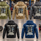 Five complete back views of Mechanic Proud Walk Vintage Hoodie in Military Green, Kaki, Dark Gray, Black and Dark Blue, arranged in a vehicle workshop with boots artwork and I WALK THE WALK / PROUD / MECHANIC lettering.