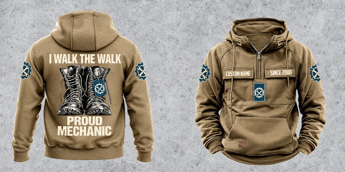 Mechanic Proud Walk Vintage Hoodie in Kaki, fully separated front and back views with boots and wrench-and-gear artwork, sample text CUSTOM NAME and SINCE 2000, and I WALK THE WALK / PROUD / MECHANIC on the back.