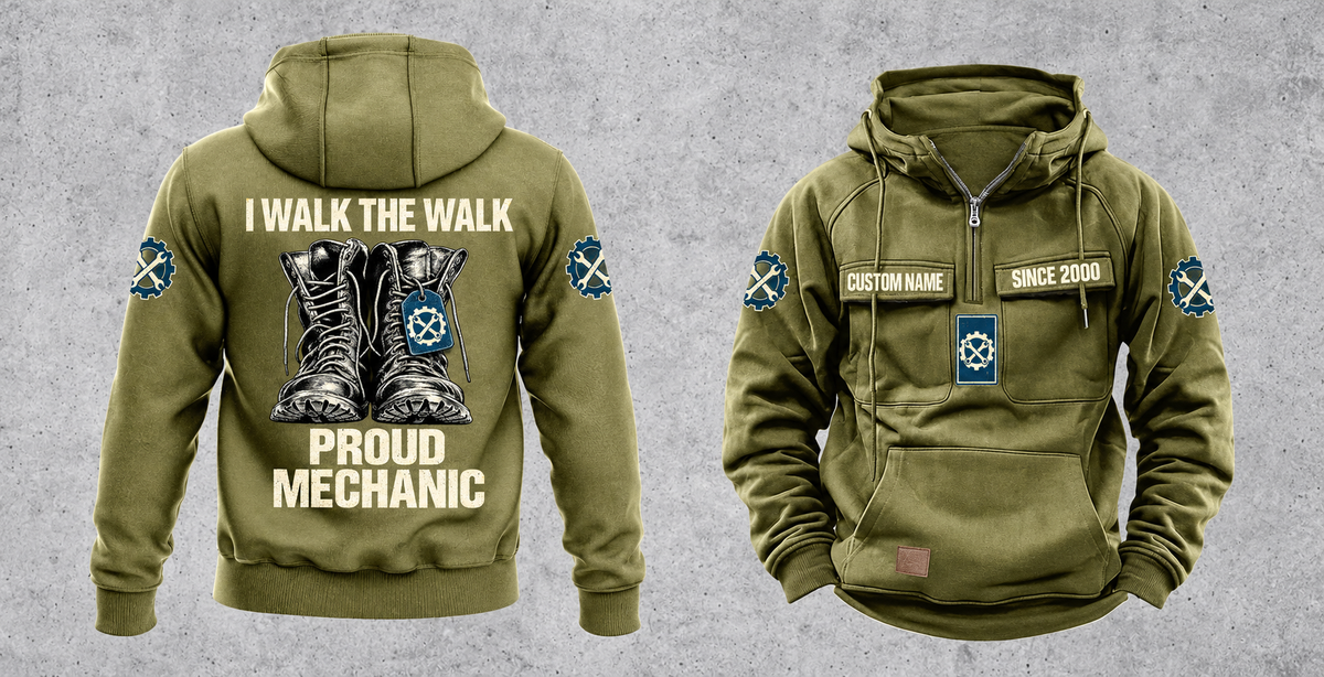 Mechanic Proud Walk Vintage Hoodie in Military Green, fully separated front and back views with boots and wrench-and-gear artwork, sample text CUSTOM NAME and SINCE 2000, and I WALK THE WALK / PROUD / MECHANIC on the back.