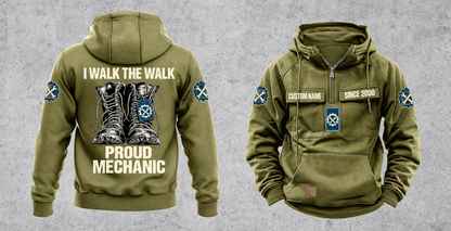 Mechanic Proud Walk Vintage Hoodie in Military Green, fully separated front and back views with boots and wrench-and-gear artwork, sample text CUSTOM NAME and SINCE 2000, and I WALK THE WALK / PROUD / MECHANIC on the back.