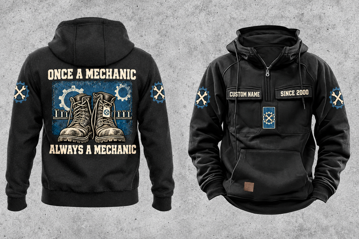 Mechanic Once and Always Vintage Hoodie in Black, complete front and back views with boot, gear and socket-rail artwork, sample chest text CUSTOM NAME and SINCE 2000.