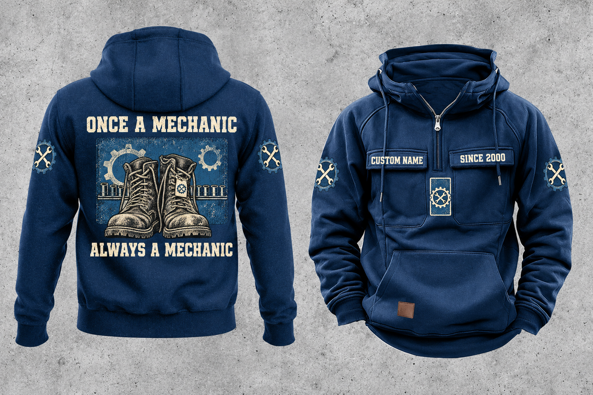 Mechanic Once and Always Vintage Hoodie in Dark Blue, complete front and back views with boot, gear and socket-rail artwork, sample chest text CUSTOM NAME and SINCE 2000.
