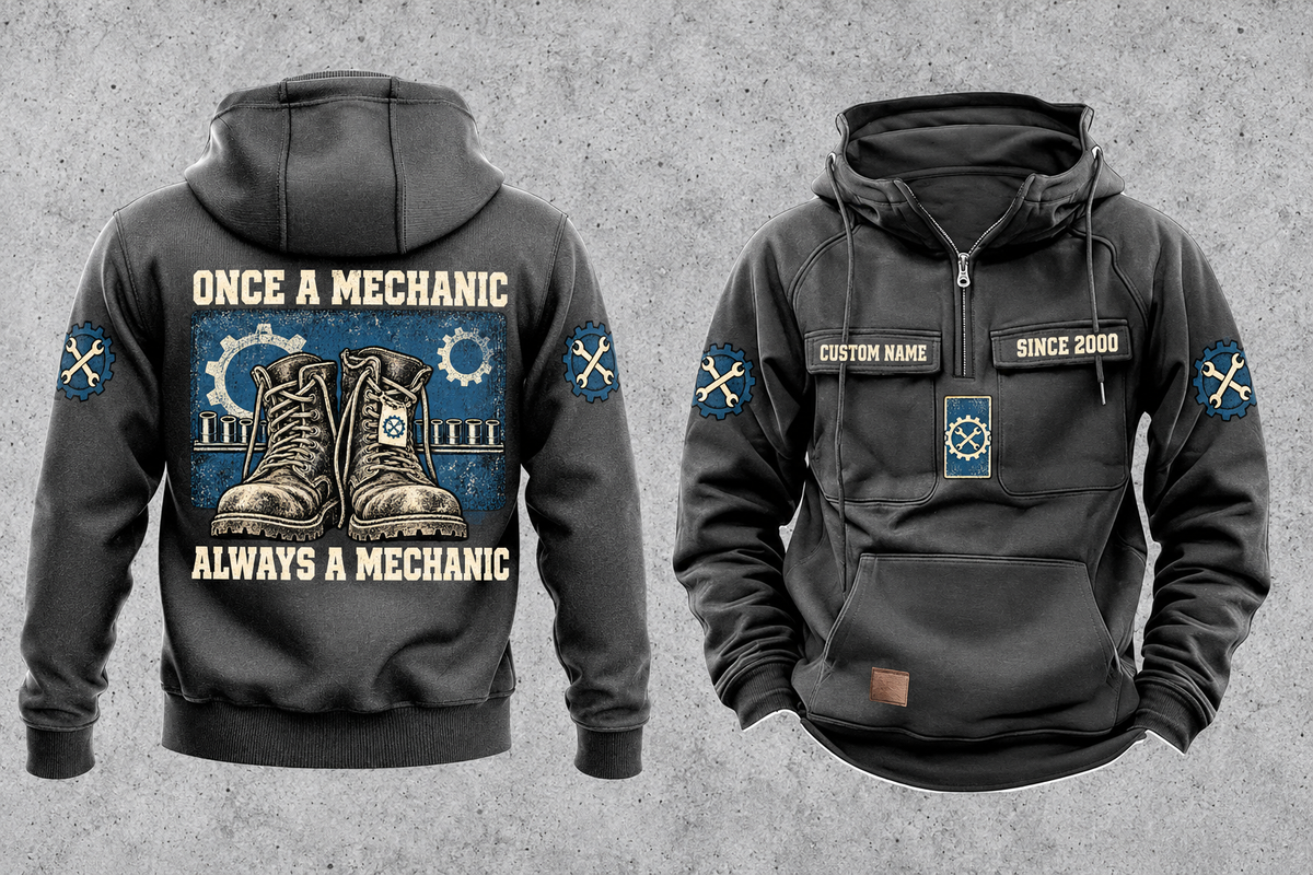 Mechanic Once and Always Vintage Hoodie in Dark Gray, complete front and back views with boot, gear and socket-rail artwork, sample chest text CUSTOM NAME and SINCE 2000.