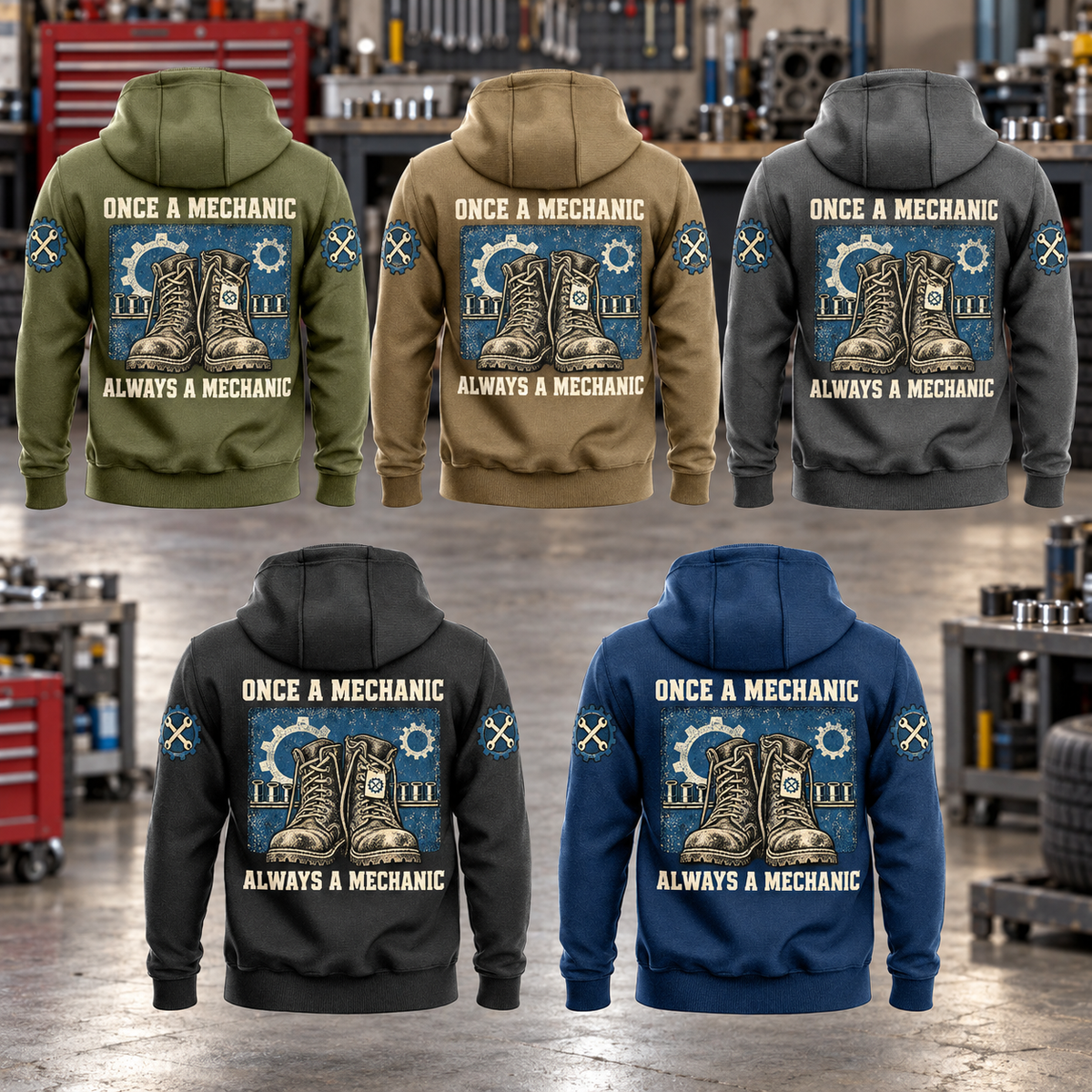 Five complete back views of the Mechanic Once and Always Vintage Hoodie in Military Green, Kaki, Dark Gray, Black and Dark Blue, arranged in a quiet vehicle workshop with boots, gears and socket-rail artwork.