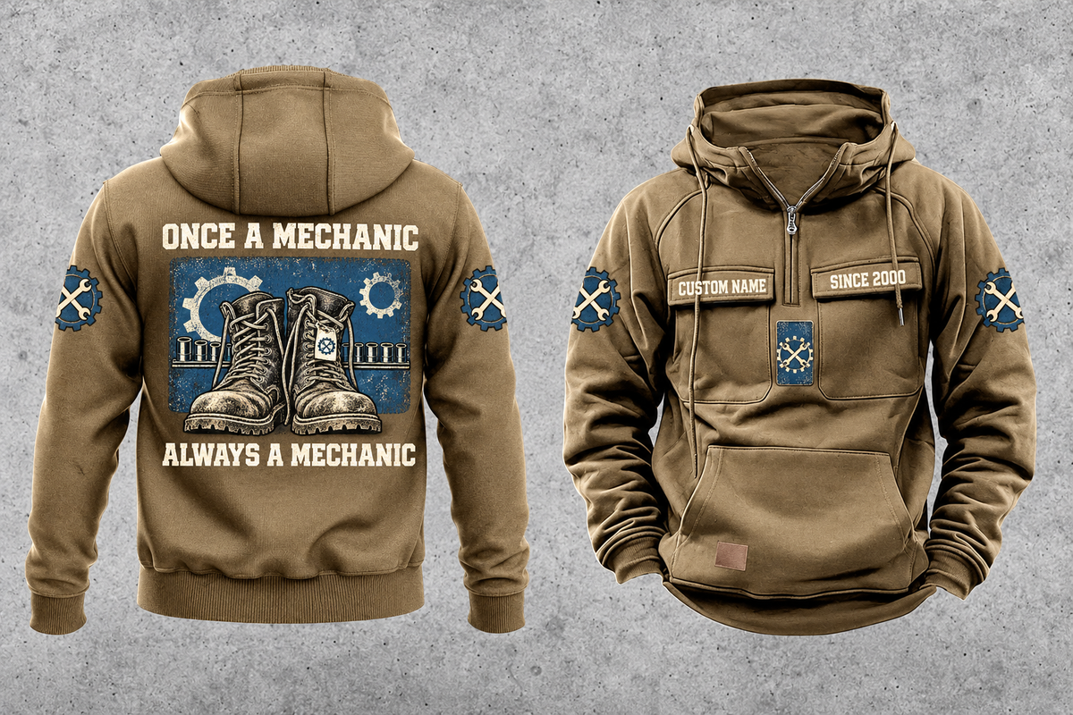 Mechanic Once and Always Vintage Hoodie in Kaki, complete front and back views with boot, gear and socket-rail artwork, sample chest text CUSTOM NAME and SINCE 2000.