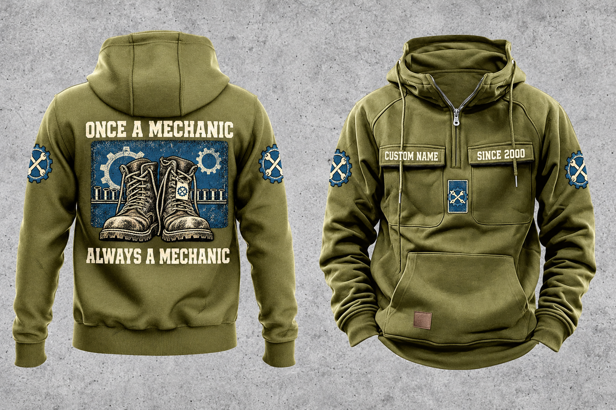 Mechanic Once and Always Vintage Hoodie in Military Green, complete front and back views with boot, gear and socket-rail artwork, sample chest text CUSTOM NAME and SINCE 2000.