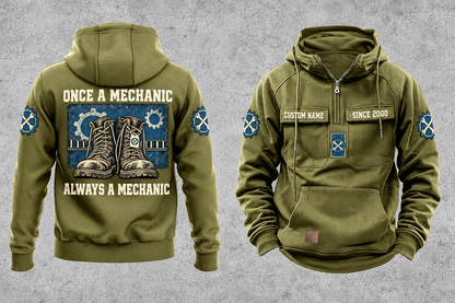 Mechanic Once and Always Vintage Hoodie in Military Green, complete front and back views with boot, gear and socket-rail artwork, sample chest text CUSTOM NAME and SINCE 2000.