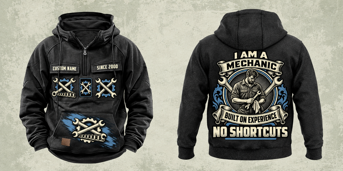 Mechanic Heritage Crest Vintage Hoodie in Black, complete front and back views with crossed-wrench and gear artwork, sample chest text CUSTOM NAME and SINCE 2000, and plain sleeves.