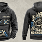Mechanic Heritage Crest Vintage Hoodie in Dark Gray, complete front and back views with crossed-wrench and gear artwork, sample chest text CUSTOM NAME and SINCE 2000, and plain sleeves.