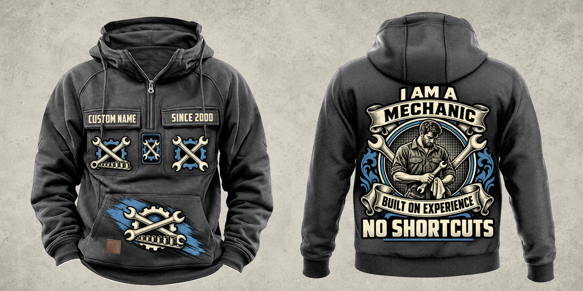 Mechanic Heritage Crest Vintage Hoodie in Dark Gray, complete front and back views with crossed-wrench and gear artwork, sample chest text CUSTOM NAME and SINCE 2000, and plain sleeves.