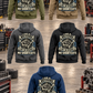 Mechanic Heritage Crest Vintage Hoodie in all five colors, Military Green, Kaki, Dark Gray, Black and Dark Blue, shown as five complete separated back views in a quiet vehicle workshop.