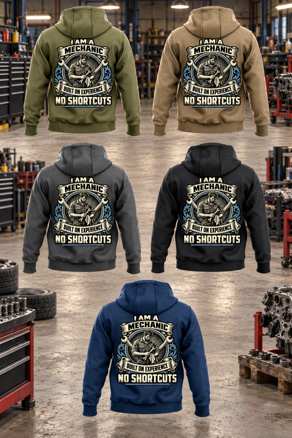 Mechanic Heritage Crest Vintage Hoodie in all five colors, Military Green, Kaki, Dark Gray, Black and Dark Blue, shown as five complete separated back views in a quiet vehicle workshop.