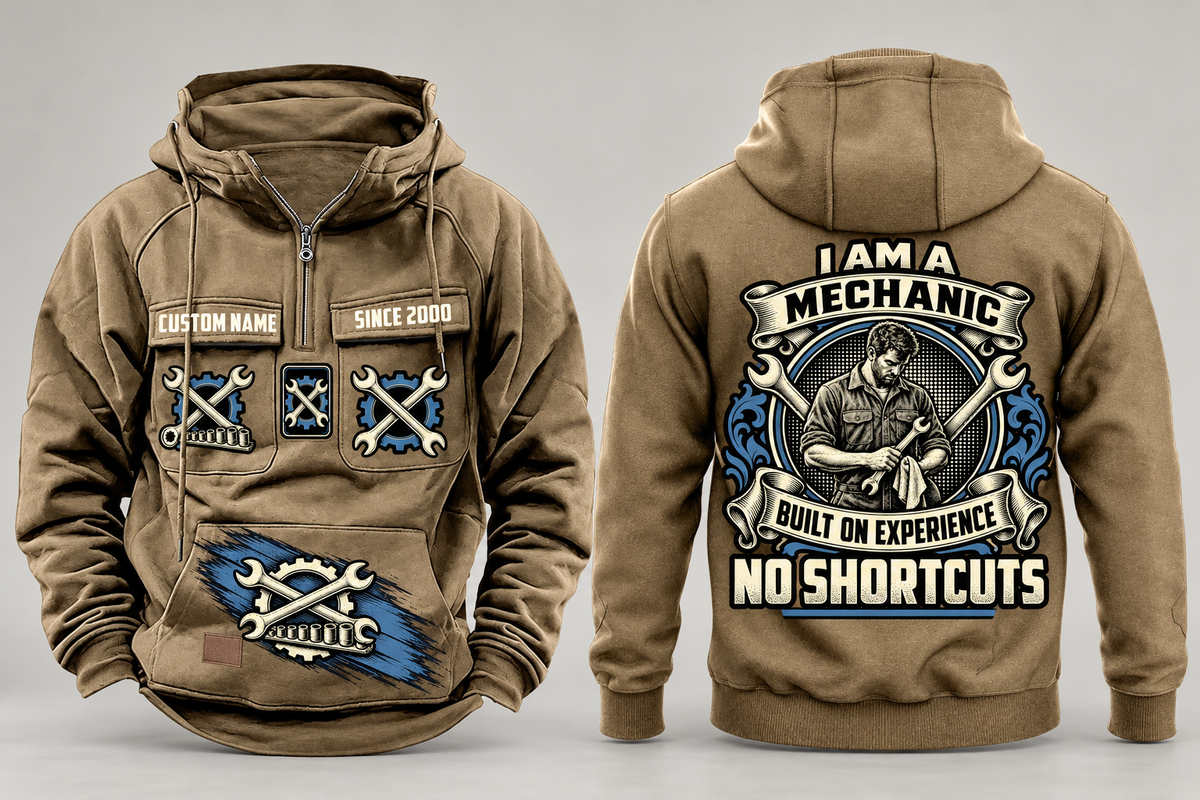 Mechanic Heritage Crest Vintage Hoodie in Kaki, complete front and back views with crossed-wrench and gear artwork, sample chest text CUSTOM NAME and SINCE 2000, and plain sleeves.