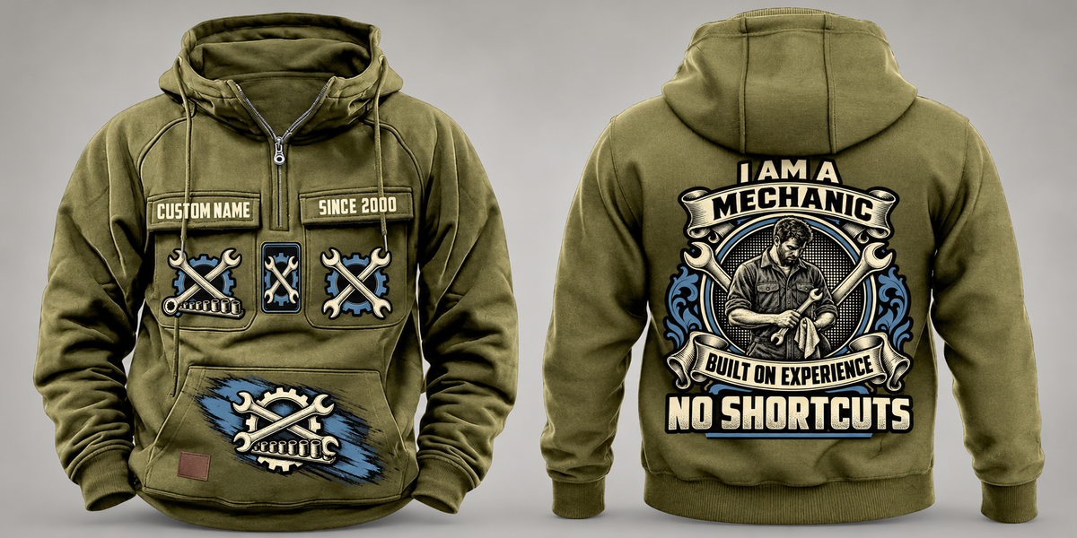 Mechanic Heritage Crest Vintage Hoodie in Military Green, complete front and back views with crossed-wrench and gear artwork, sample chest text CUSTOM NAME and SINCE 2000, and plain sleeves.