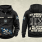 Mechanic Never Ends Vintage Hoodie in Black, fully separated front and back views with sample text CUSTOM NAME and SINCE 2000, boots and wrench artwork, gear sleeve motifs and a lower-front brushstroke design.