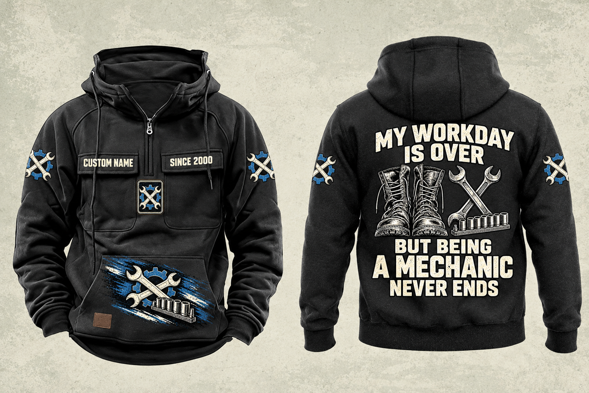 Mechanic Never Ends Vintage Hoodie in Black, fully separated front and back views with sample text CUSTOM NAME and SINCE 2000, boots and wrench artwork, gear sleeve motifs and a lower-front brushstroke design.