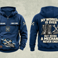 Mechanic Never Ends Vintage Hoodie in Dark Blue, fully separated front and back views with sample text CUSTOM NAME and SINCE 2000, boots and wrench artwork, gear sleeve motifs and a lower-front brushstroke design.