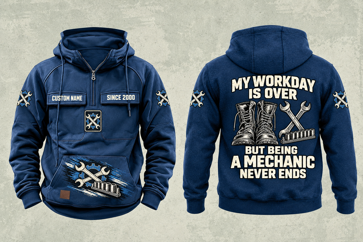 Mechanic Never Ends Vintage Hoodie in Dark Blue, fully separated front and back views with sample text CUSTOM NAME and SINCE 2000, boots and wrench artwork, gear sleeve motifs and a lower-front brushstroke design.