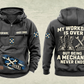 Mechanic Never Ends Vintage Hoodie in Dark Gray, fully separated front and back views with sample text CUSTOM NAME and SINCE 2000, boots and wrench artwork, gear sleeve motifs and a lower-front brushstroke design.