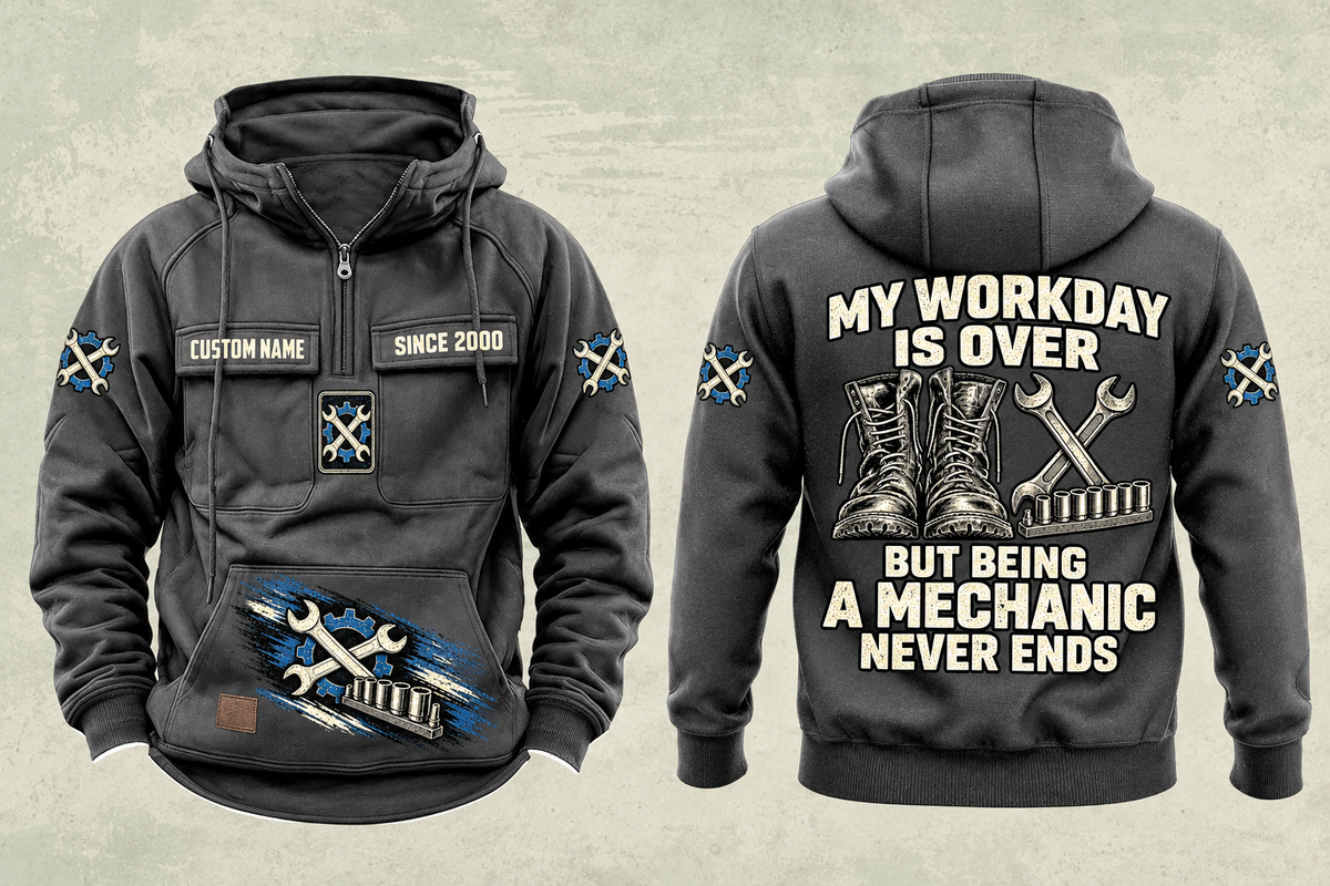 Mechanic Never Ends Vintage Hoodie in Dark Gray, fully separated front and back views with sample text CUSTOM NAME and SINCE 2000, boots and wrench artwork, gear sleeve motifs and a lower-front brushstroke design.