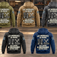 Mechanic Never Ends Vintage Hoodie in Military Green, Kaki, Dark Gray, Black and Dark Blue, five fully visible back views with boots, crossed wrenches, socket rail and mechanic slogan in a quiet workshop.