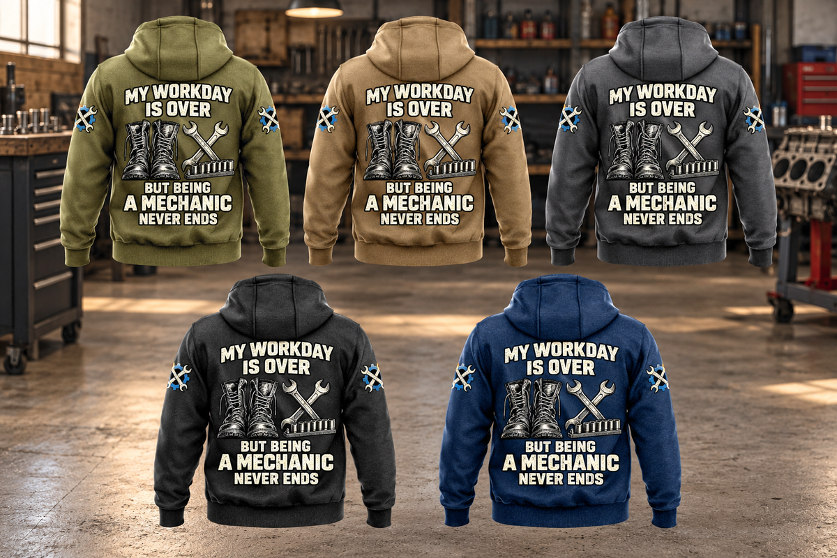 Mechanic Never Ends Vintage Hoodie in Military Green, Kaki, Dark Gray, Black and Dark Blue, five fully visible back views with boots, crossed wrenches, socket rail and mechanic slogan in a quiet workshop.