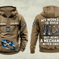 Mechanic Never Ends Vintage Hoodie in Kaki, fully separated front and back views with sample text CUSTOM NAME and SINCE 2000, boots and wrench artwork, gear sleeve motifs and a lower-front brushstroke design.