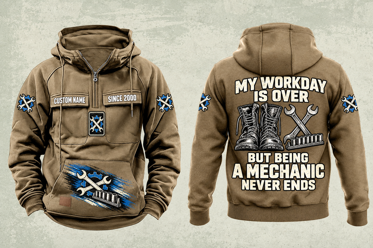 Mechanic Never Ends Vintage Hoodie in Kaki, fully separated front and back views with sample text CUSTOM NAME and SINCE 2000, boots and wrench artwork, gear sleeve motifs and a lower-front brushstroke design.