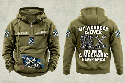 Mechanic Never Ends Vintage Hoodie in Military Green, fully separated front and back views with sample text CUSTOM NAME and SINCE 2000, boots and wrench artwork, gear sleeve motifs and a lower-front brushstroke design.