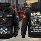 Mechanic Skills and Pride Vintage Hoodie in Black, complete separated front and back views with sample chest text CUSTOM NAME and SINCE 2000, gear-and-wrench motifs, and mechanic portrait back artwork.
