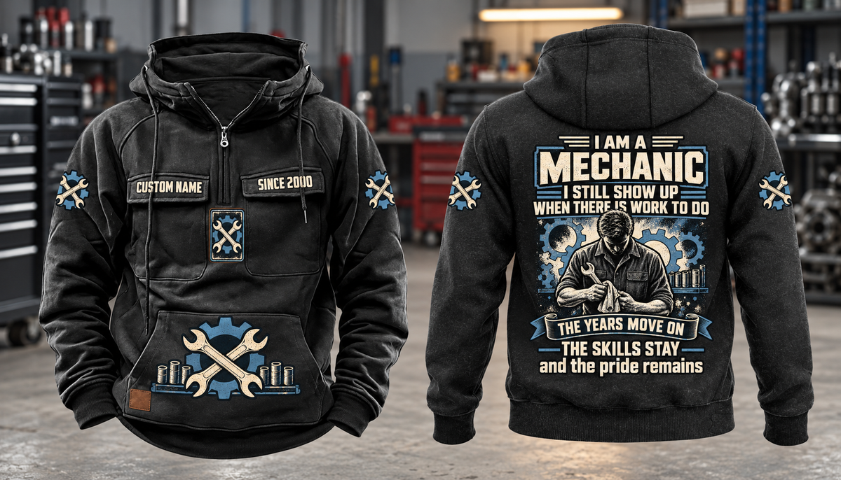 Mechanic Skills and Pride Vintage Hoodie in Black, complete separated front and back views with sample chest text CUSTOM NAME and SINCE 2000, gear-and-wrench motifs, and mechanic portrait back artwork.