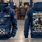 Mechanic Skills and Pride Vintage Hoodie in Dark Blue, complete separated front and back views with sample chest text CUSTOM NAME and SINCE 2000, gear-and-wrench motifs, and mechanic portrait back artwork.