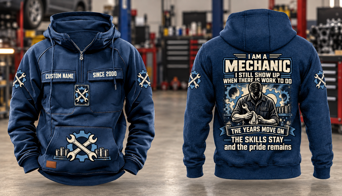Mechanic Skills and Pride Vintage Hoodie in Dark Blue, complete separated front and back views with sample chest text CUSTOM NAME and SINCE 2000, gear-and-wrench motifs, and mechanic portrait back artwork.